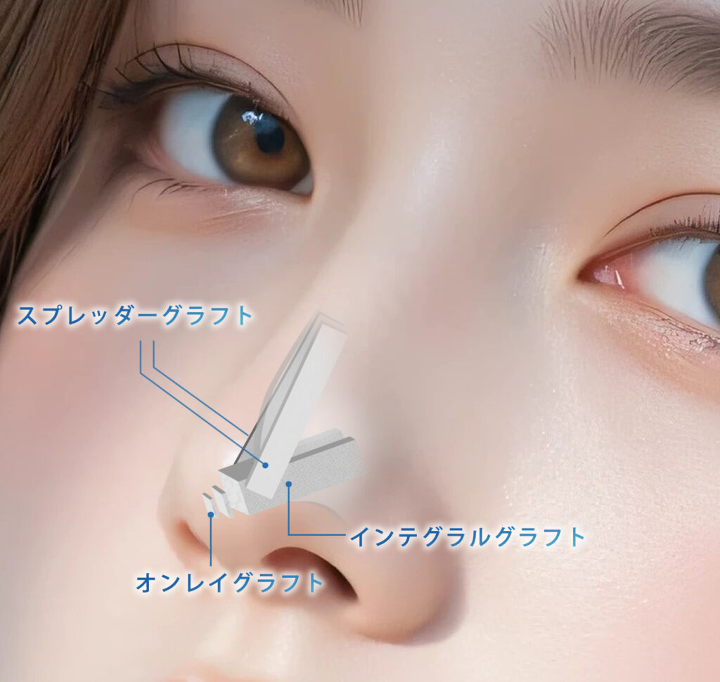 肋軟骨移植でスプレッダーグラフとインテグラルグラフトとオンレイグラフトを併用した図解