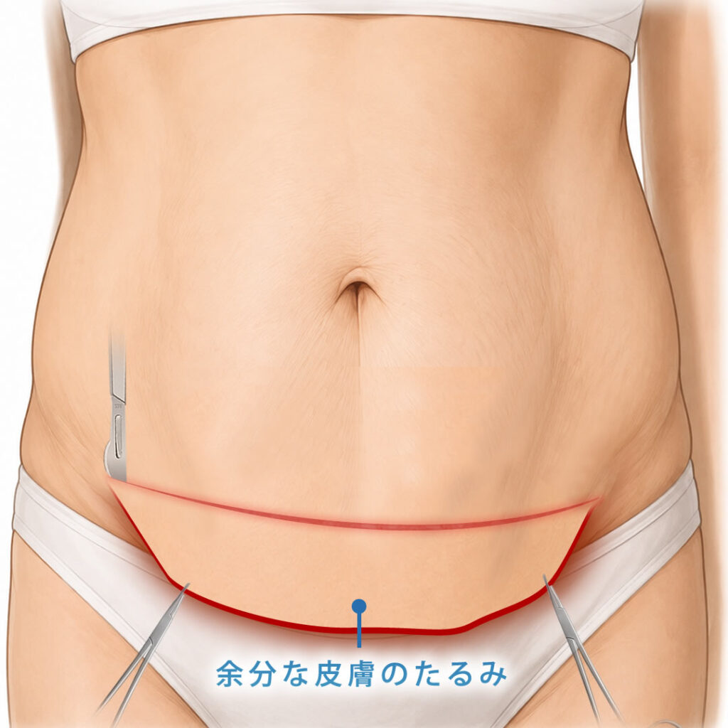 タミータックで余分な皮膚のたるみを除去している図解
