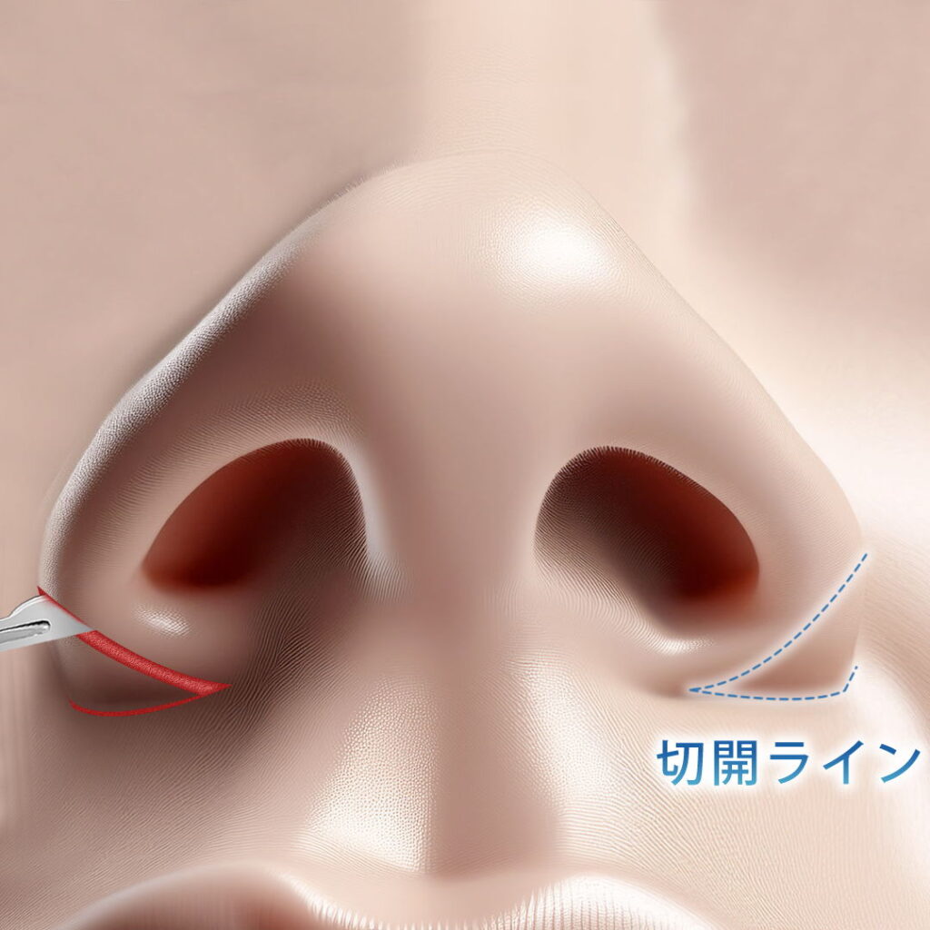 鼻翼拡大手術ので小鼻を切開している図解