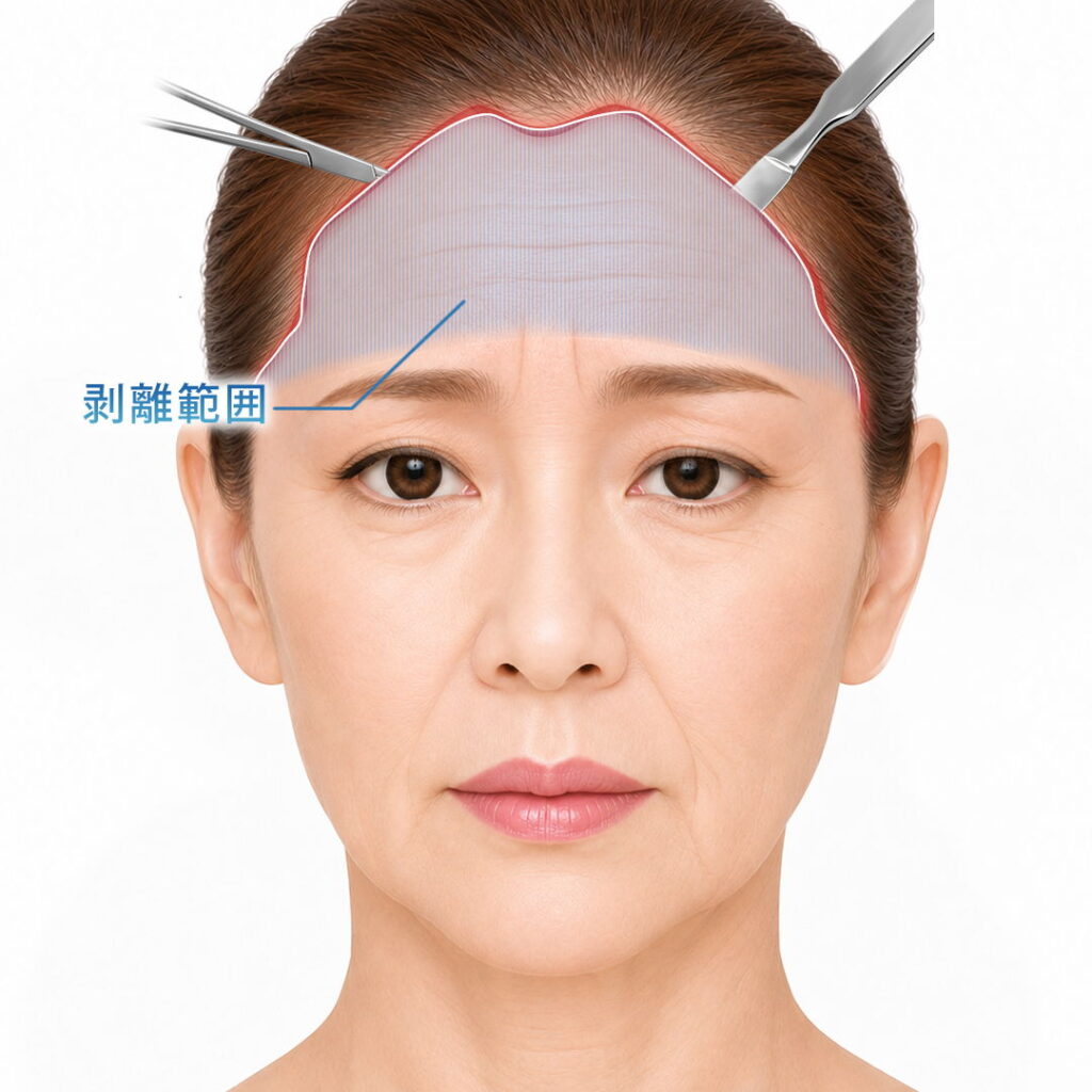 前頭筋不動化で皮膚を剥離する様子