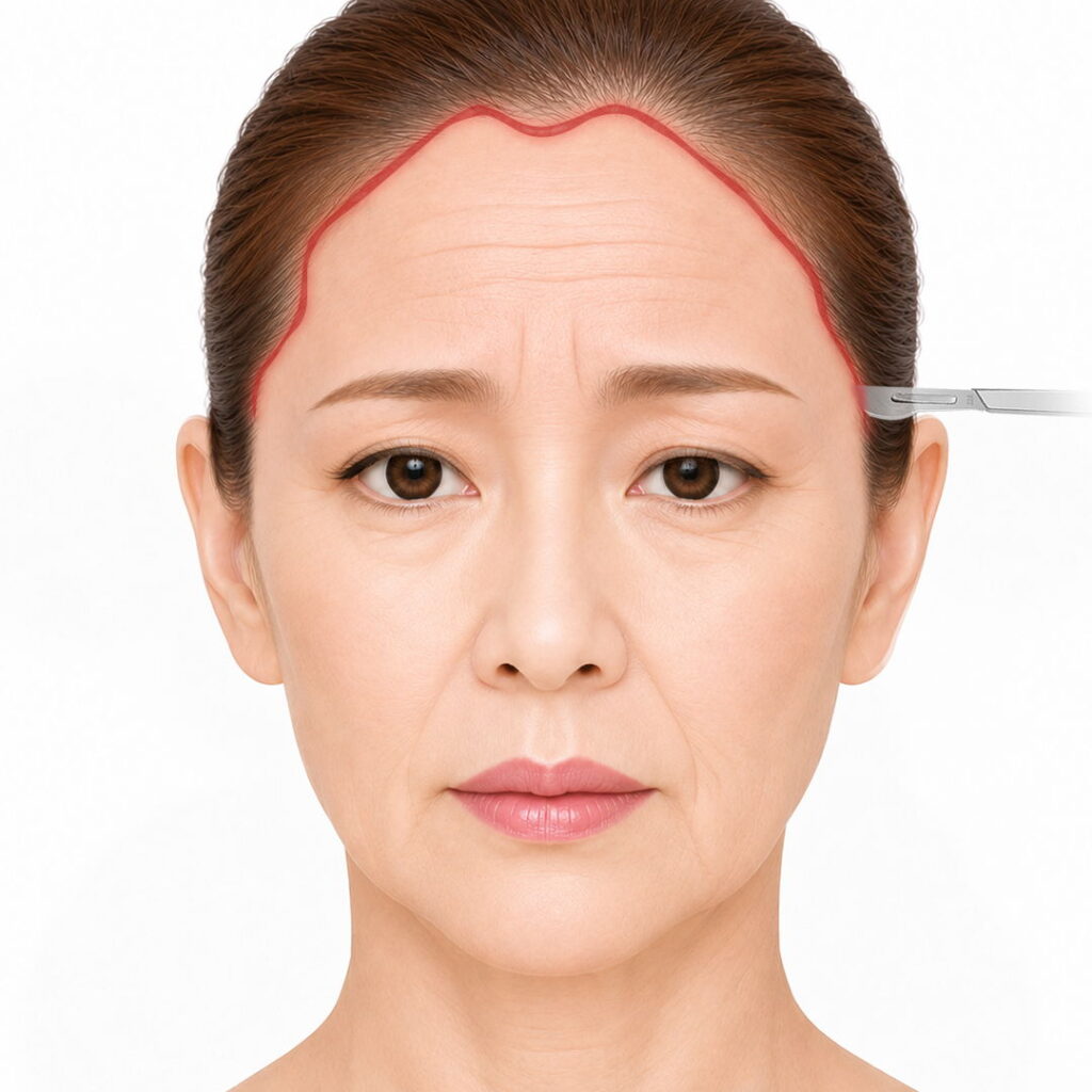 前頭筋不動化で麻酔をする様子.