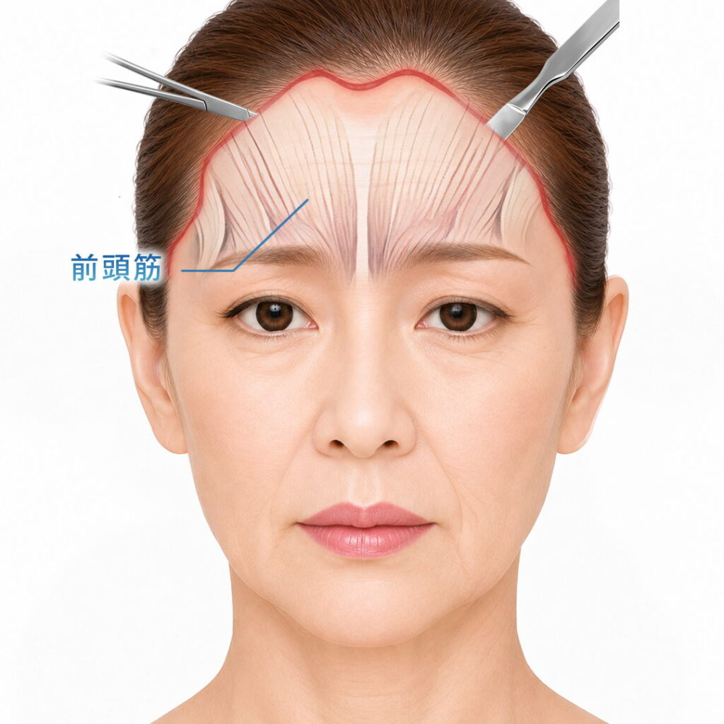 前頭筋不動化で前頭筋を処理する様子